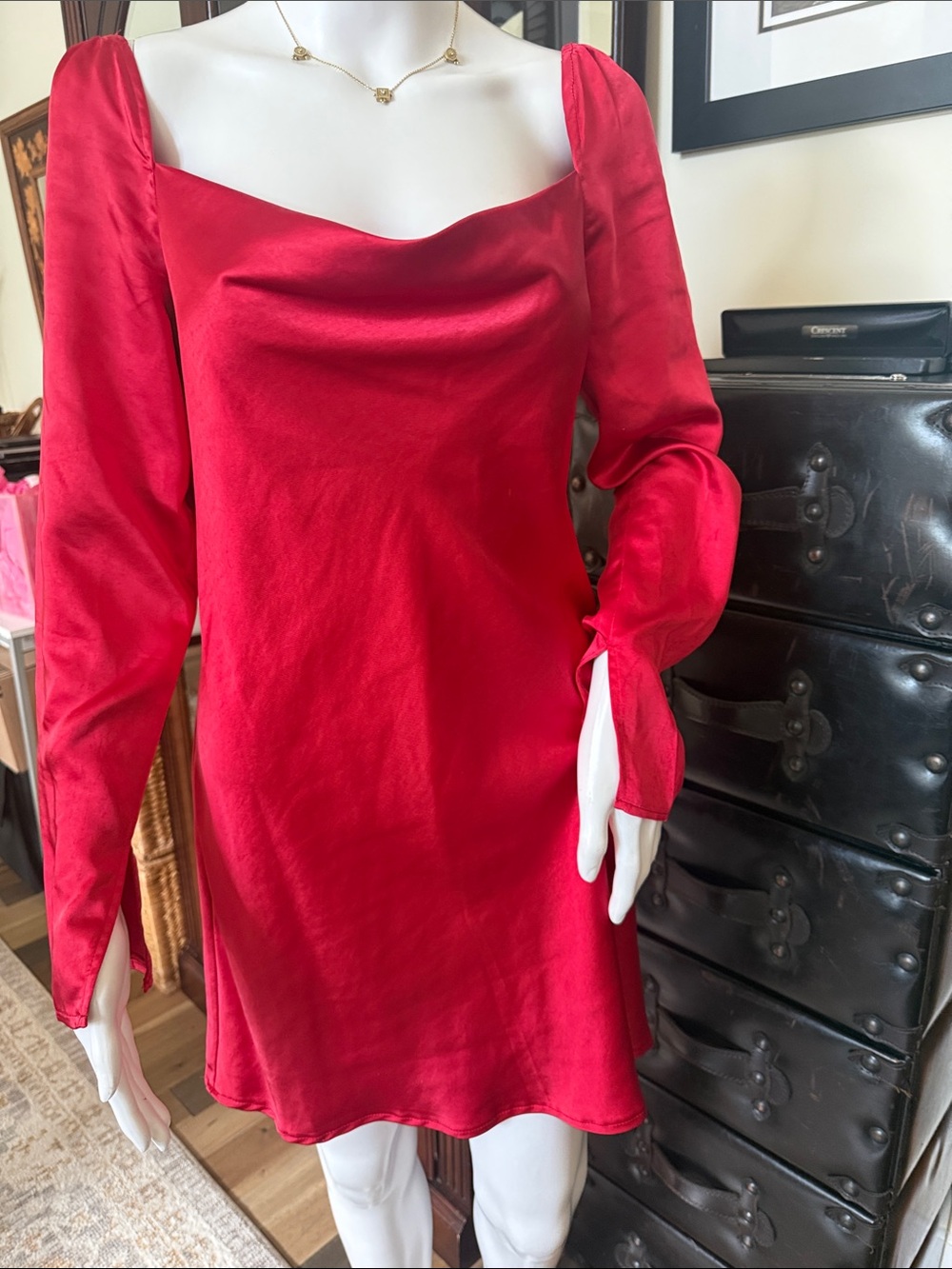 Princess Polly Red Satin Cowl-Neck Long-Sleeve Mini Dress
